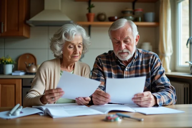 Couple de retraités examinant des documents fiscaux et financiers à la table de cuisine en 2026
