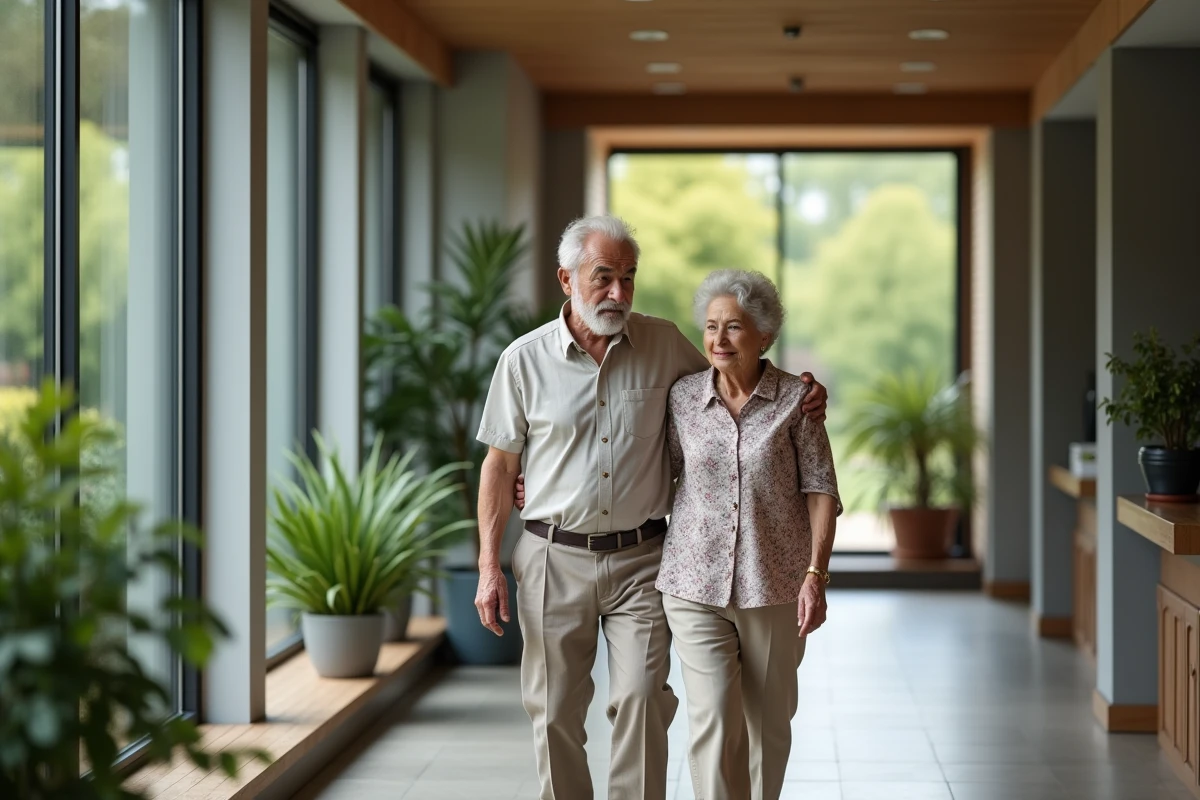 Couple de retraités visitant une résidence seniors moderne pour envisager un achat immobilier