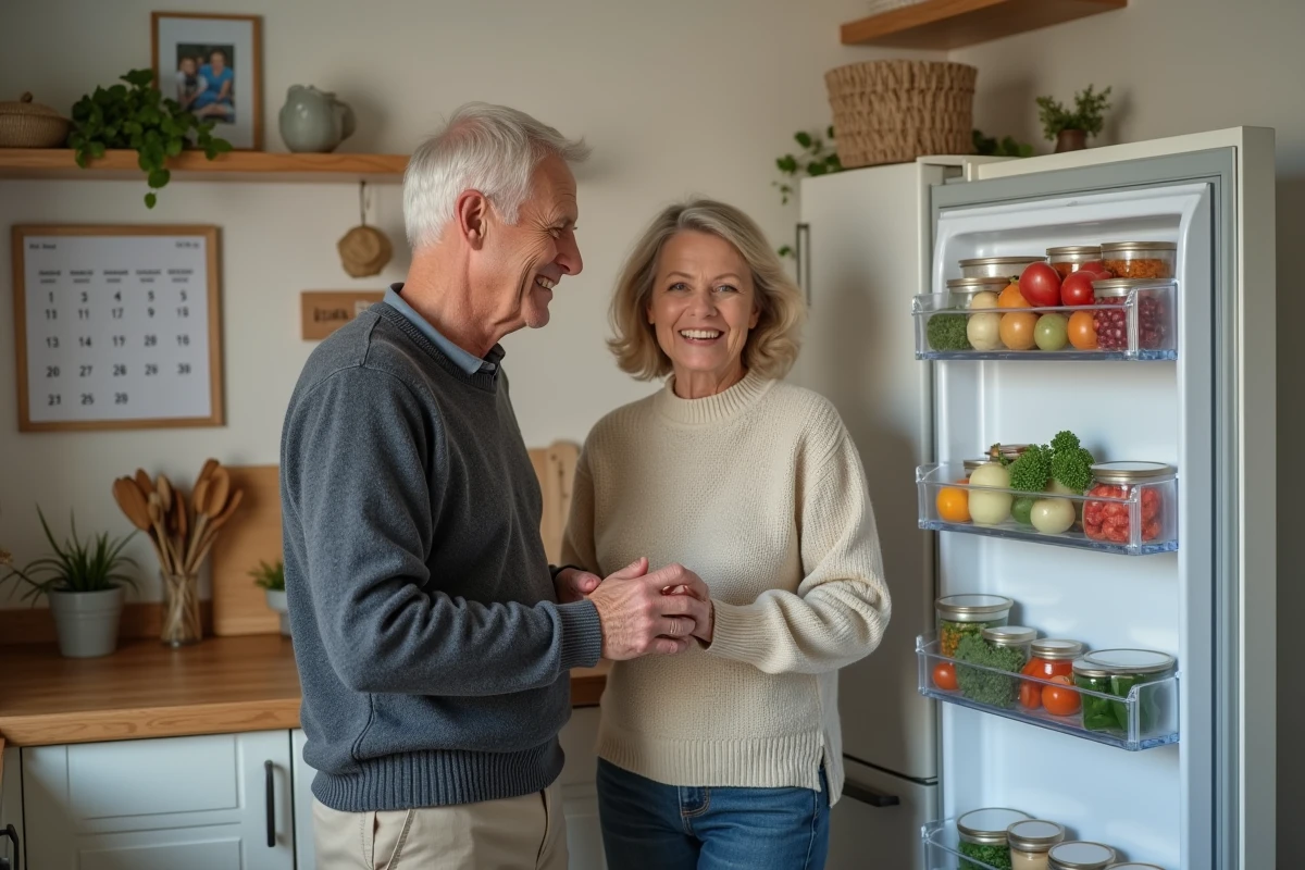 Couple senior choisissant repas dans le frigo à la maison