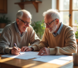 Couple senior souriant examinant des documents à la maison