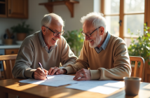 Couple senior souriant examinant des documents à la maison