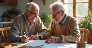 Couple senior souriant examinant des documents à la maison