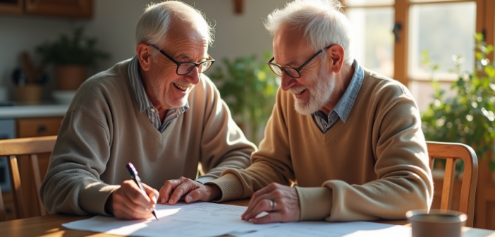 Couple senior souriant examinant des documents à la maison