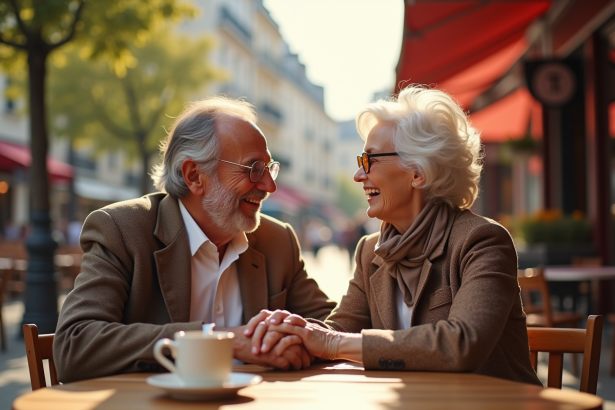 Couple senior souriant au café à Paris