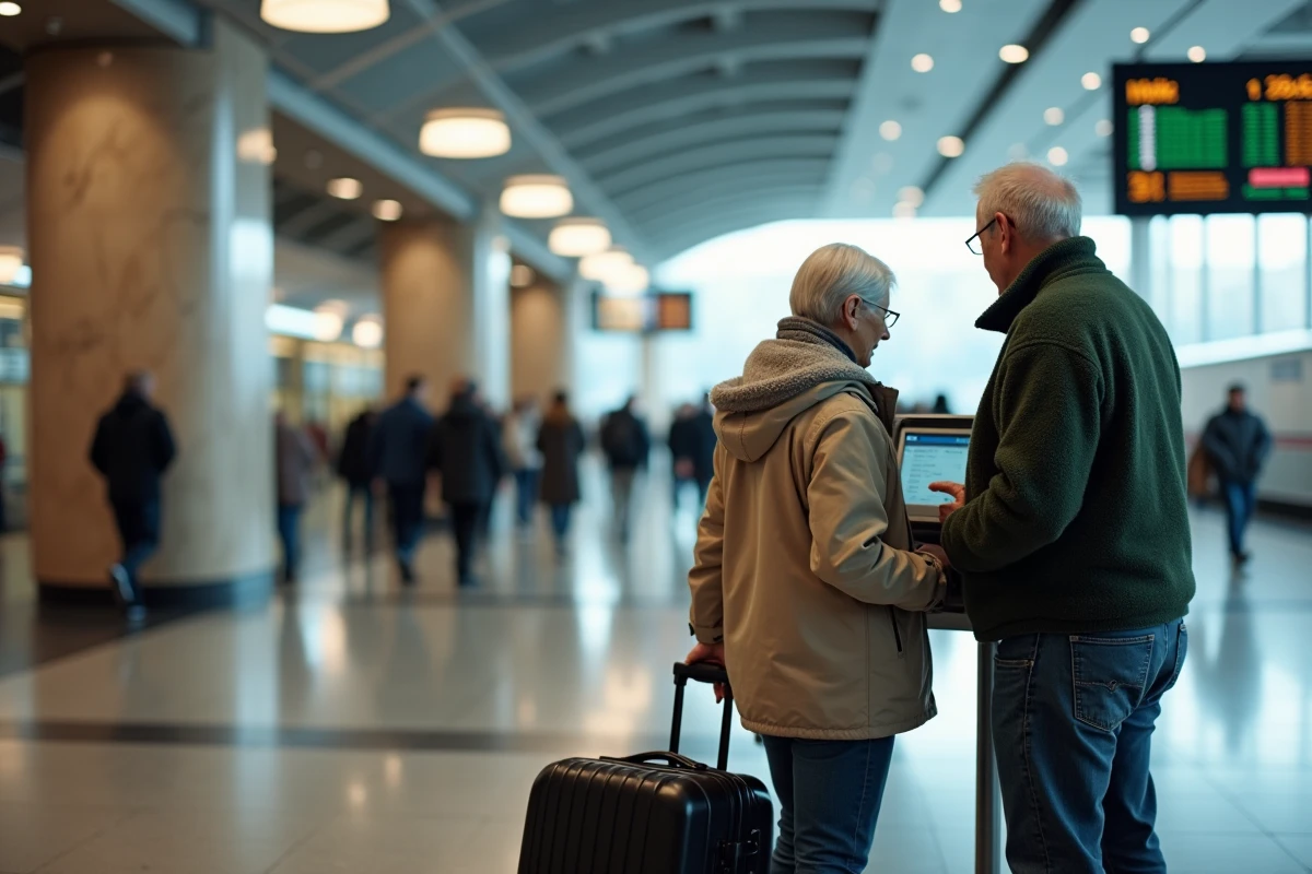 Couple de seniors achetant des billets à une borne automatique en gare pour un voyage longue distance