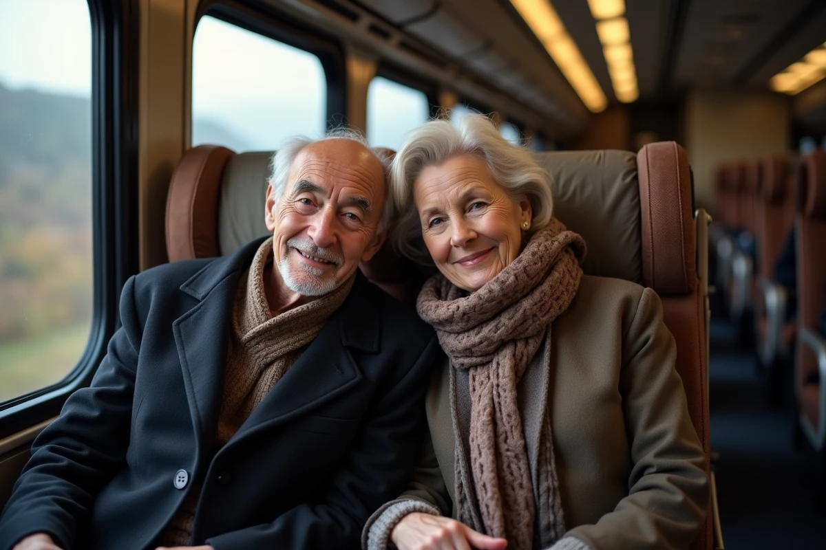 Couple agee souriant dans un train haute vitesse