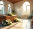 Cérémonie funéraire dans une chapelle moderne avec cercueil et fleurs