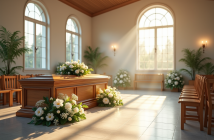 Cérémonie funéraire dans une chapelle moderne avec cercueil et fleurs