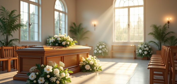 Cérémonie funéraire dans une chapelle moderne avec cercueil et fleurs
