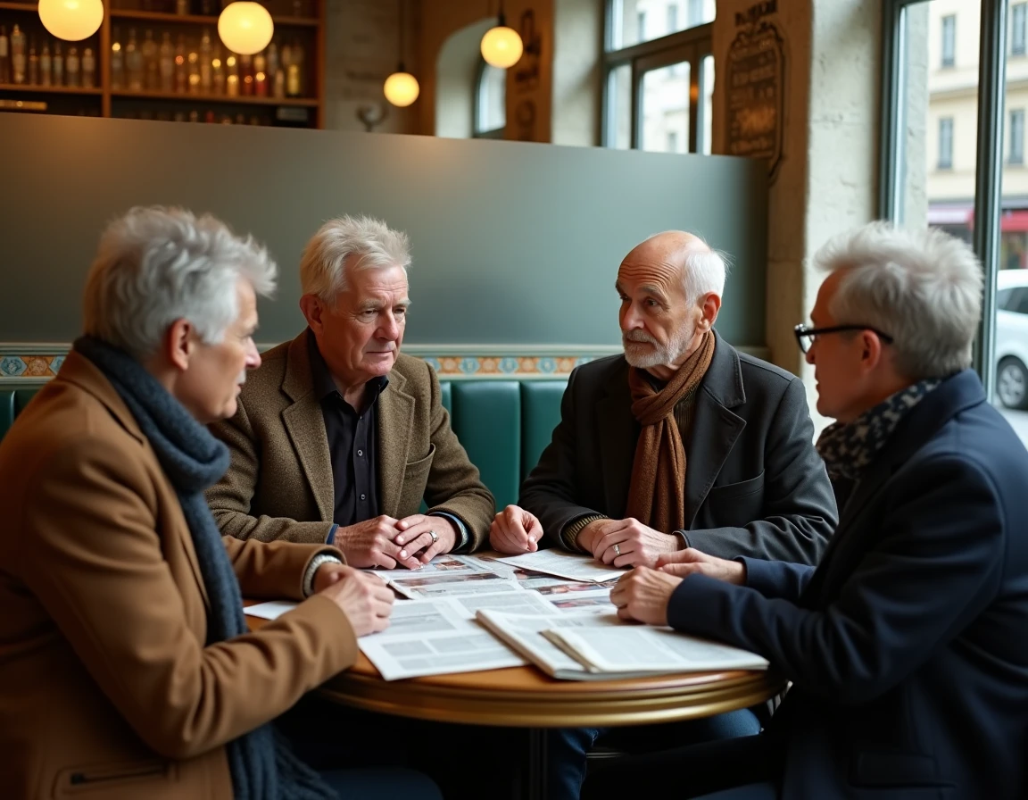 Groupe de citoyens français débattant des retraites autour d'une table de café parisien avec des journaux