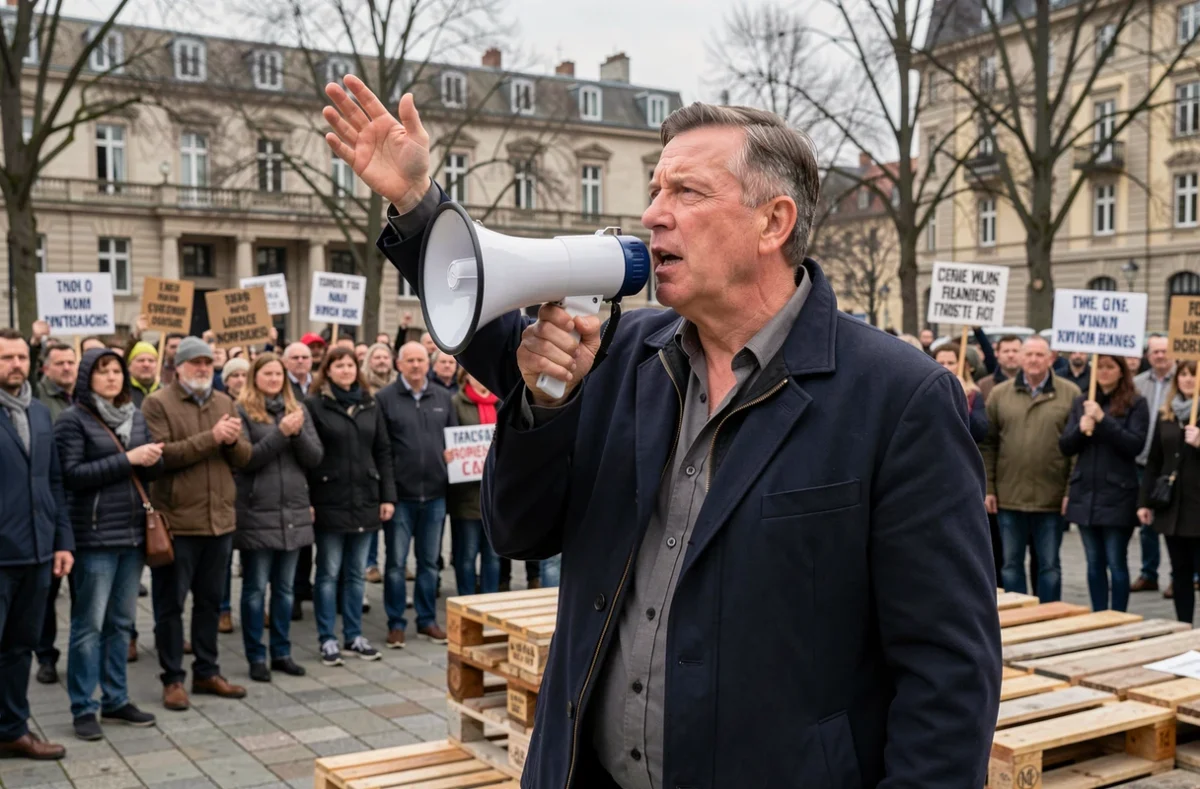 Délégué syndical prenant la parole au mégaphone lors d'un rassemblement de grévistes en place publique