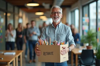 Homme souriant partant à la retraite tenant un carton de bureau avec un panneau humour retraite entouré de collègues qui applaudissent