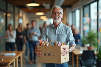 Homme souriant partant à la retraite tenant un carton de bureau avec un panneau humour retraite entouré de collègues qui applaudissent