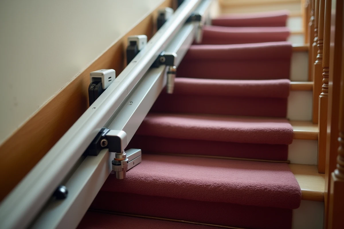 Détail technique du rail d'un monte escalier sans installation fixe posé sur une marche de maison individuelle, solution de remplacement pour ascenseur défaillant