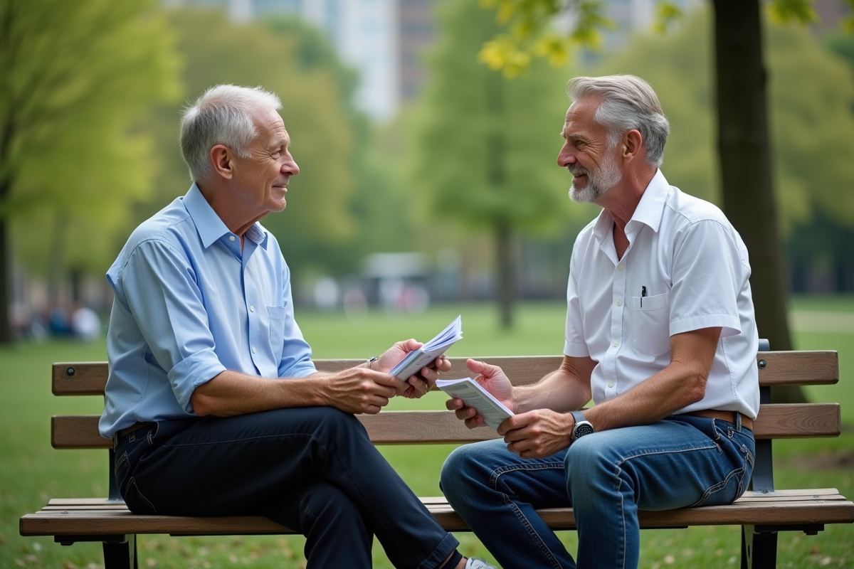 Deux hommes discutant dans un parc urbain en été