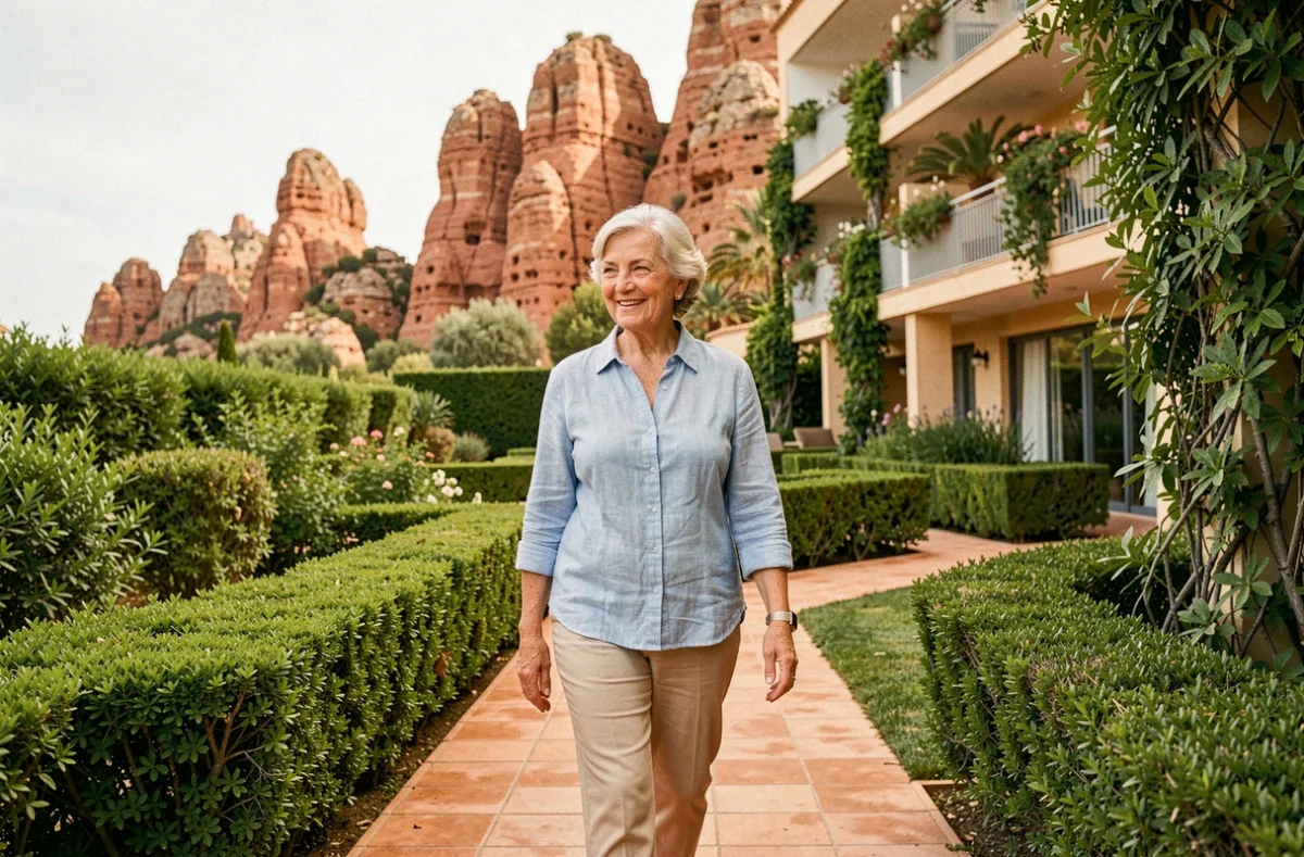 Femme senior se promenant dans le jardin de la résidence Domitys Les Côteaux de l'Esterel à Fréjus avec les roches rouges de l'Estérel en arrière-plan