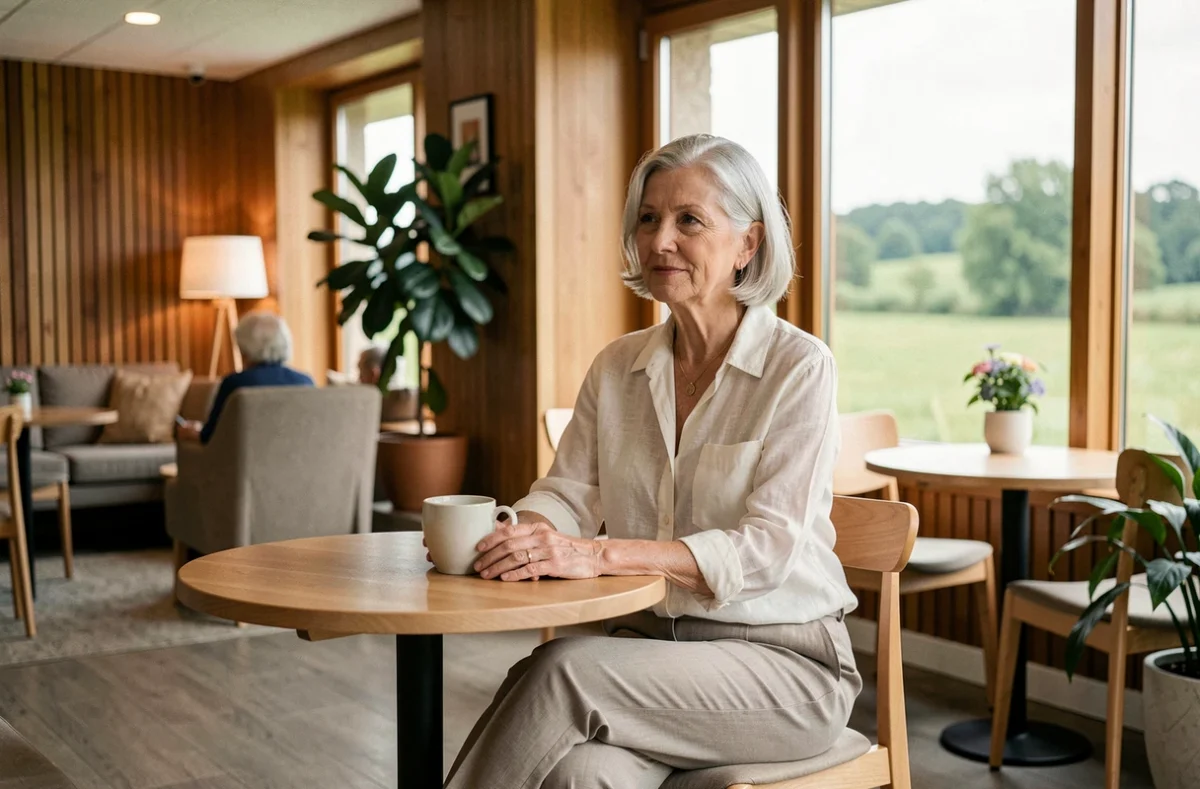 Résidente souriante dans le salon de la résidence Domitys Les Comtes de Sologne
