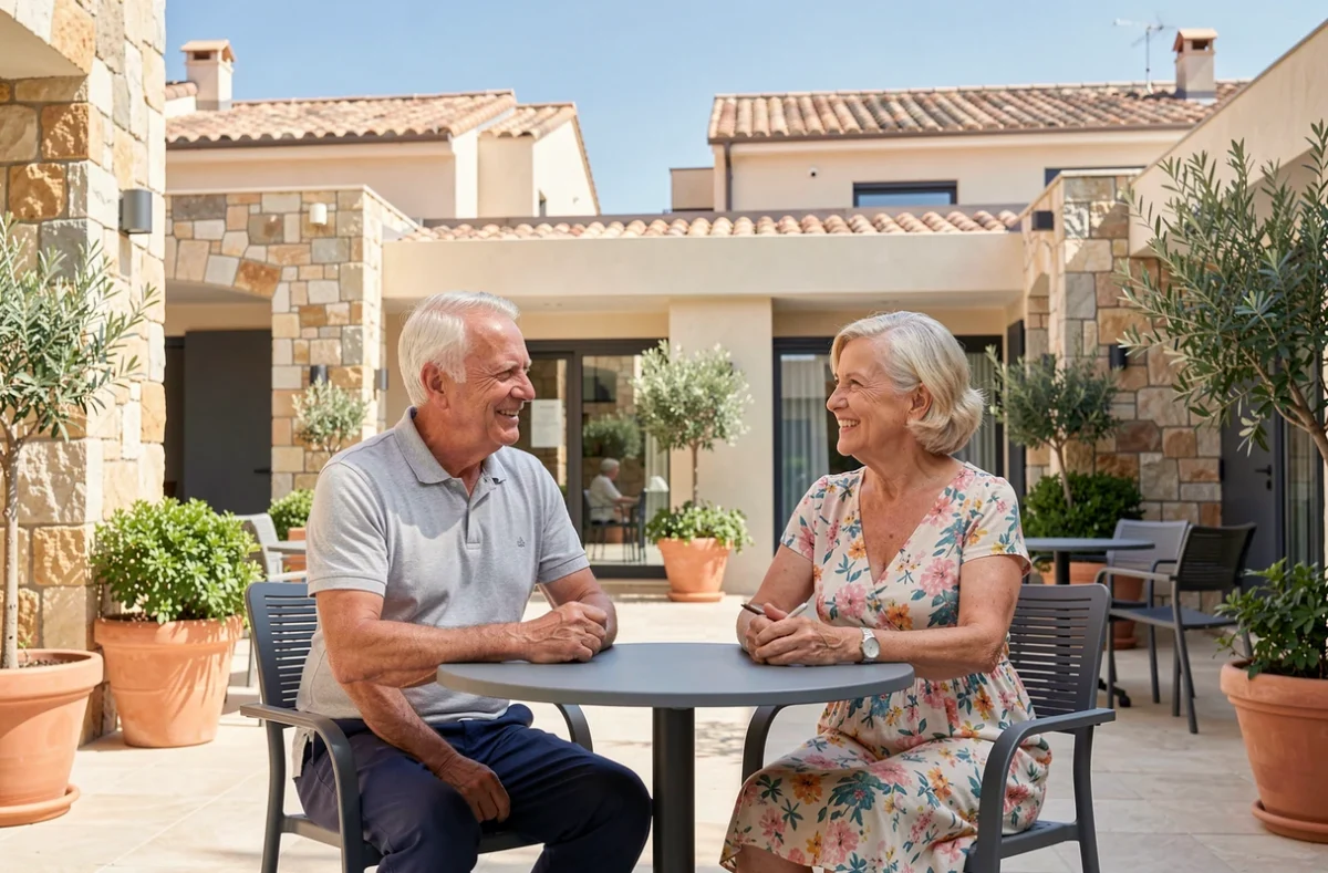 Couple de seniors profitant de la terrasse de la résidence Domitys Terra Souleou à La Valette-du-Var dans un cadre contemporain provençal