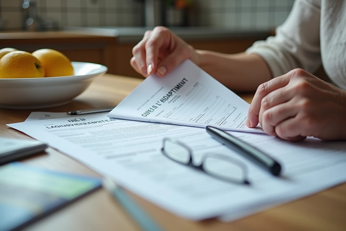 Dossier de demande d'aide financière pour un monte-escaliers posé sur une table, mains d'une personne âgée feuilletant les documents