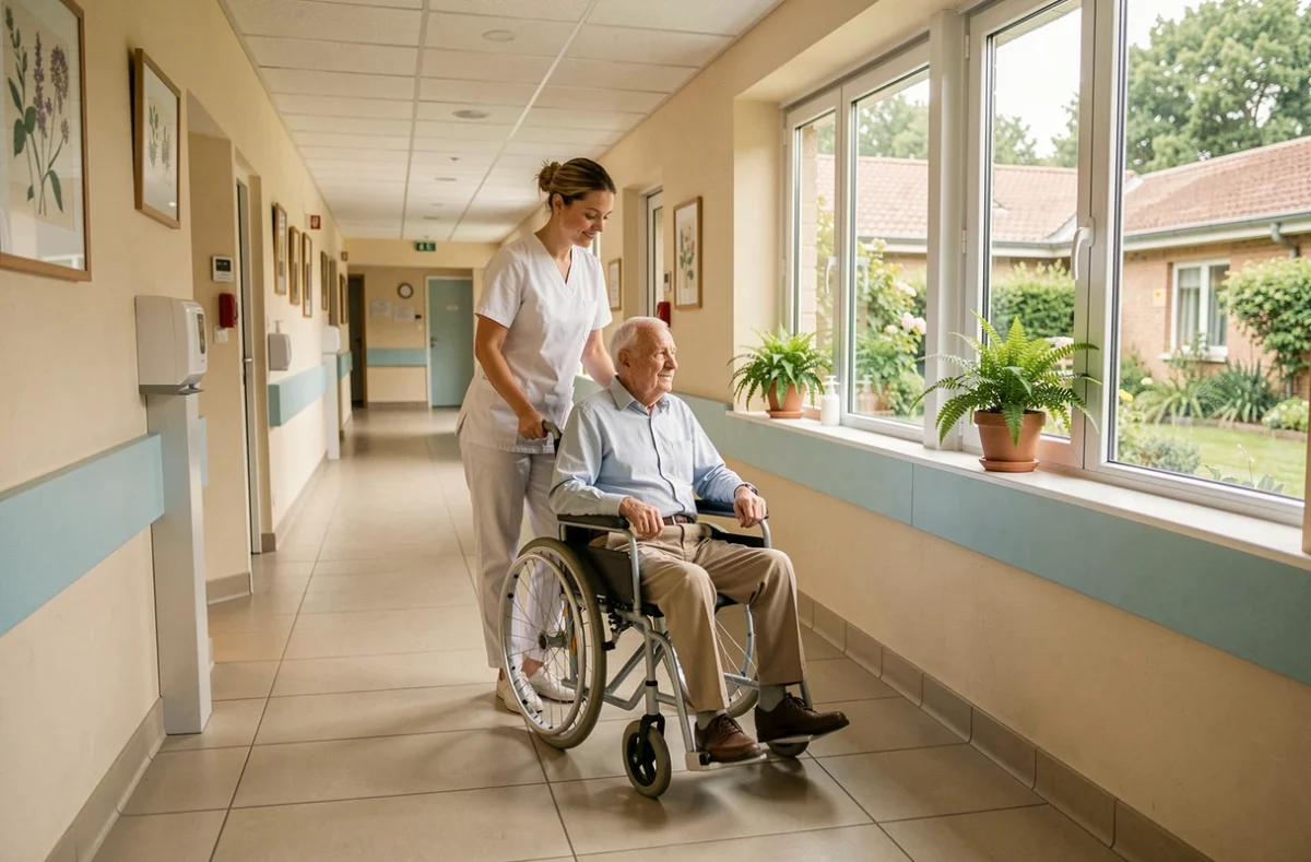 Infirmière accompagnant un résident en fauteuil roulant dans le couloir de l'EHPAD du centre hospitalier de Sully-sur-Loire