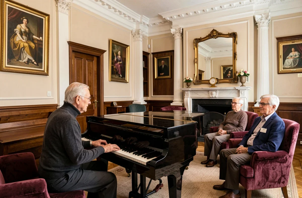 Résident jouant du piano dans le salon classique et élégant de l'EHPAD Korian L'Athénée