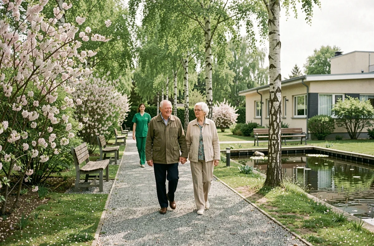 Couple de résidents se promenant dans le parc verdoyant de l'EHPAD Le Bois Fleuri à Saran