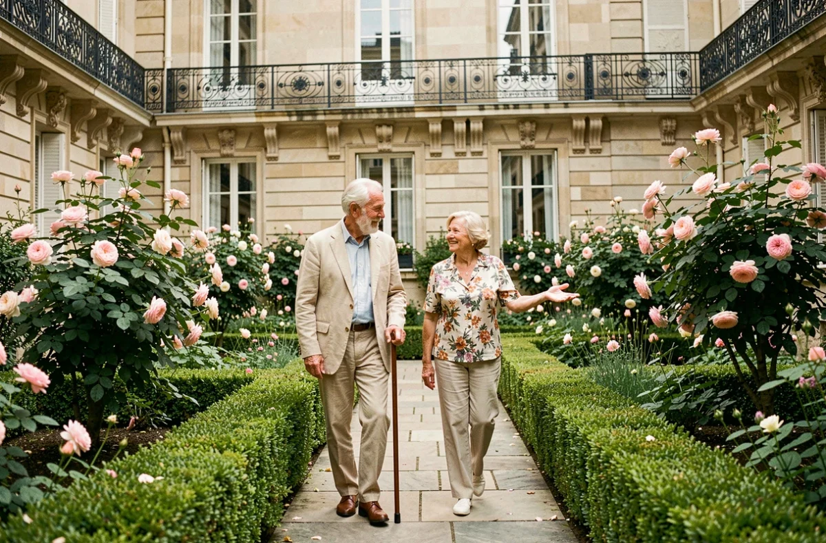 Deux résidents se promenant dans le jardin verdoyant de l'EHPAD Les Jardins d'Iroise de Paris
