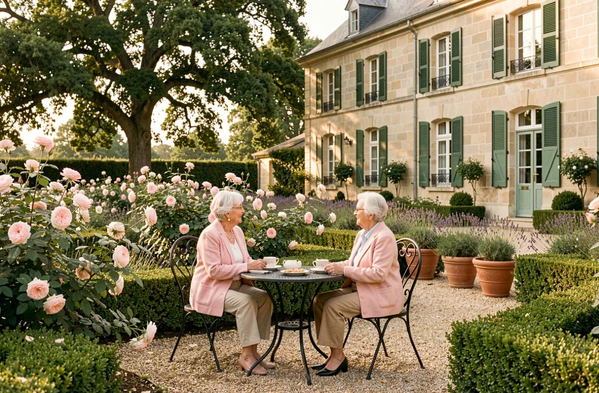 Deux résidentes profitant du jardin fleuri de la Résidence l'Aubinière à La Ferté-Saint-Aubin