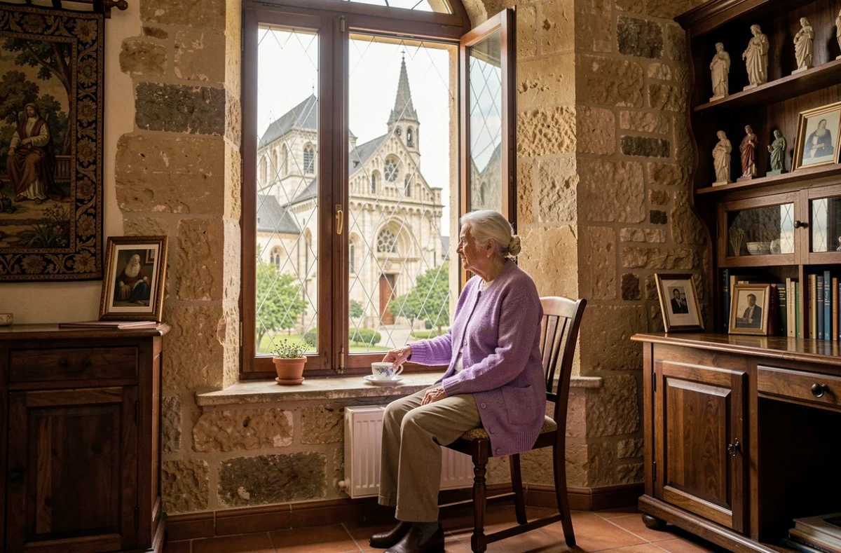 Résidente contemplant l'abbaye depuis la fenêtre de l'EHPAD de Saint-Benoît-sur-Loire