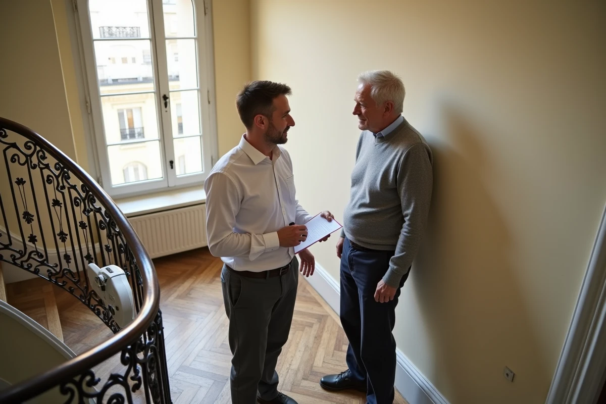 Ergothérapeute conseillant un senior sur l'installation d'un monte-escaliers dans un appartement parisien