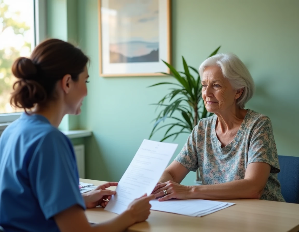 Professionnelle de santé réalisant une évaluation gériatrique avec une patiente âgée, illustrant l'utilisation clinique du score IADL