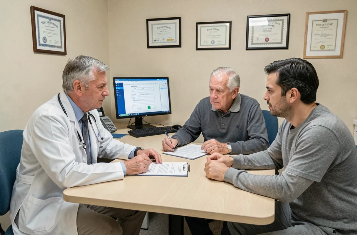 Un médecin gériatre évalue l'autonomie d'un patient âgé en présence de son fils lors d'une consultation GIR en cabinet médical