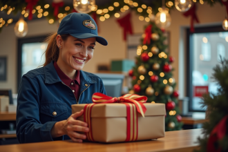 Facteur souriant déposant un colis de Noël à la poste
