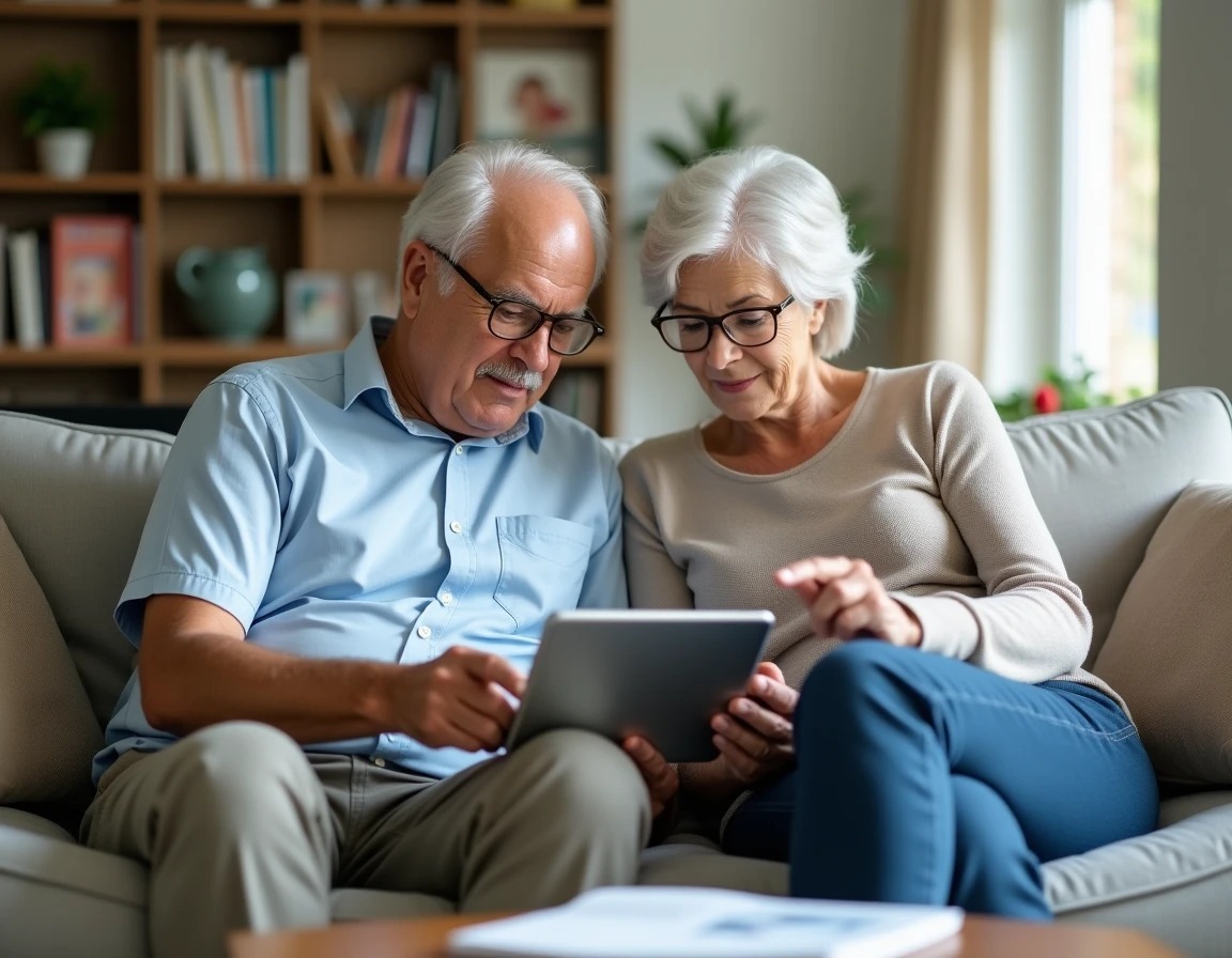 Un père et sa fille adulte comparant ensemble plusieurs établissements EHPAD sur une tablette