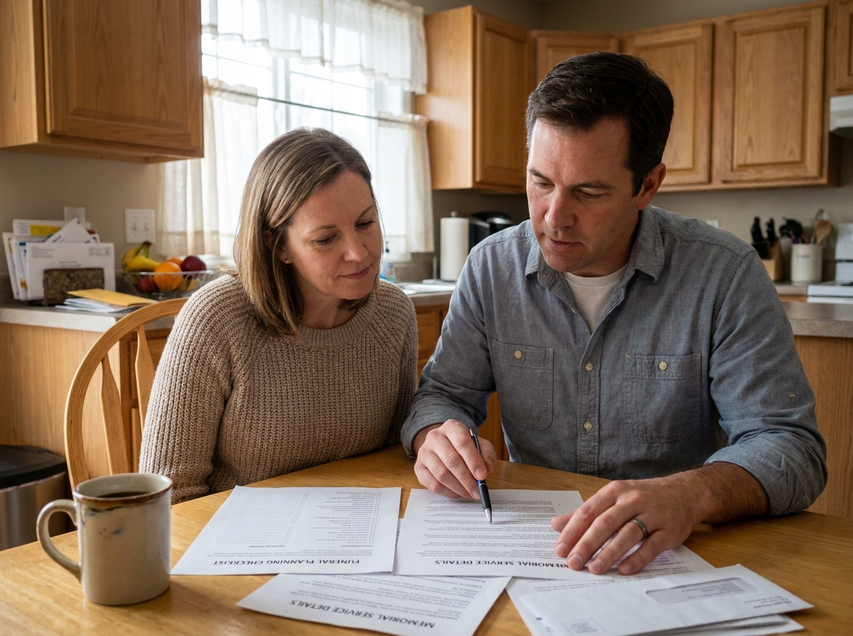 Deux proches adultes consultant des documents de planification funéraire ensemble à une table de cuisine familiale
