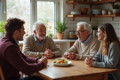 Famille multigenerations autour d'une table à manger chaleureuse