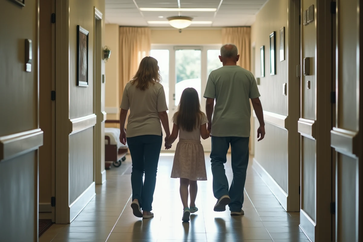 Famille préoccupée dans un couloir de maison de retraite