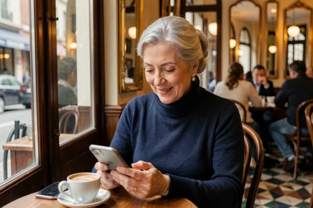 Femme de 65 ans élégante dans un café parisien consultant une application de rencontre sur son smartphone