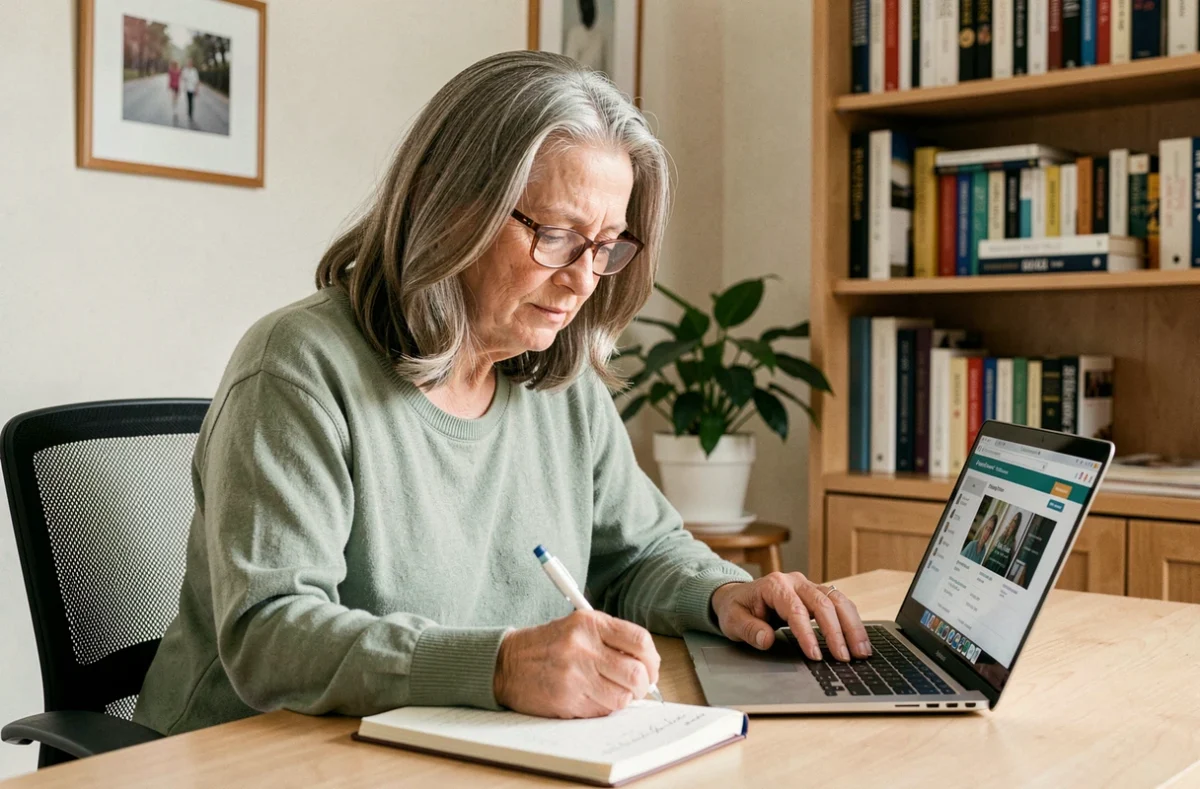 Femme de 70 ans cherchant une rencontre sérieuse en ligne depuis son bureau à domicile sur un site de rencontre senior