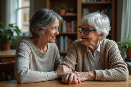 Femme agee assise avec sa fille dans un intérieur chaleureux