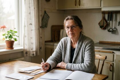 Femme âgée locataire qui étudie des documents de prévoyance obsèques à sa table de cuisine