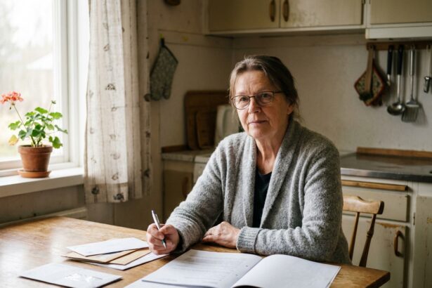 Femme âgée locataire qui étudie des documents de prévoyance obsèques à sa table de cuisine