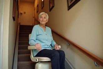 Femme âgée assise sur un monte-escaliers à domicile, illustration des aides financières pour l'installation en 2026