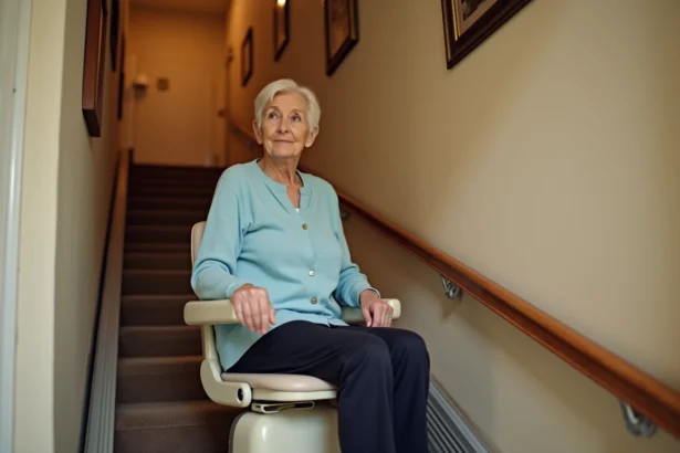 Femme âgée assise sur un monte-escaliers à domicile, illustration des aides financières pour l'installation en 2026