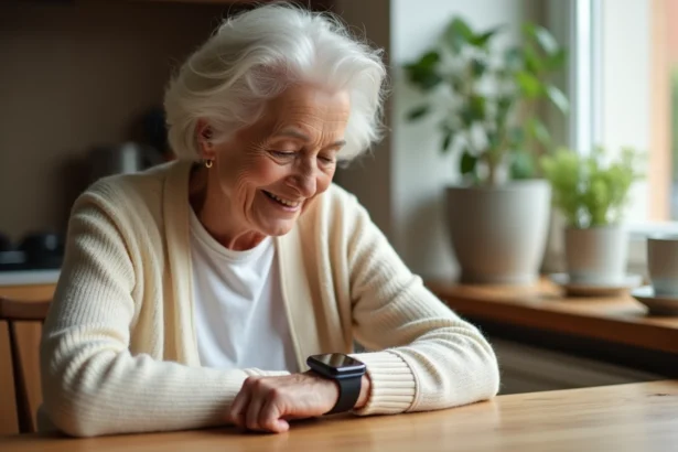 Femme âgée regardant sa montre connectée au poignet dans une cuisine chaleureuse