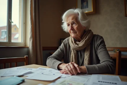 Femme agee pensant avec papiers financiers sur la table