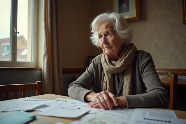 Femme agee pensant avec papiers financiers sur la table