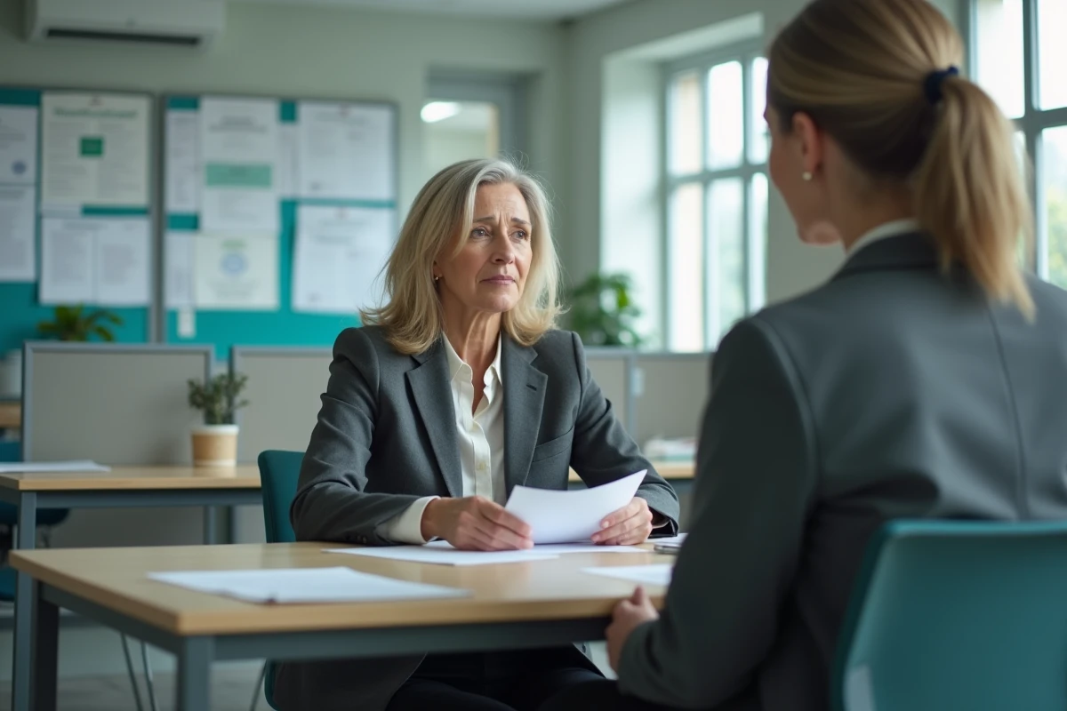 Femme en entretien dans une agence pour l'emploi discutant de ses droits à la retraite et des trimestres validés pendant le chômage