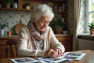 Femme âgée triant des photos de famille dans sa cuisine chaleureuse