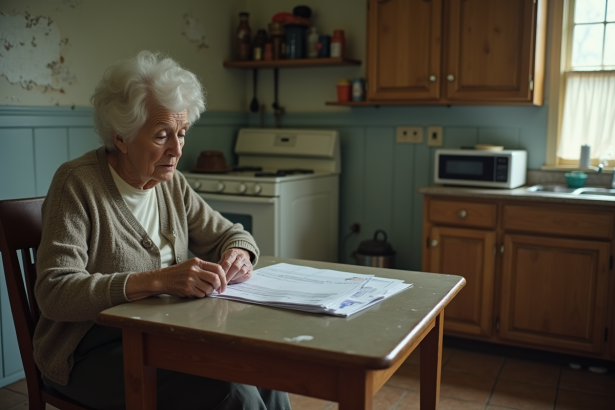 Femme âgée examinant ses factures dans une cuisine modeste